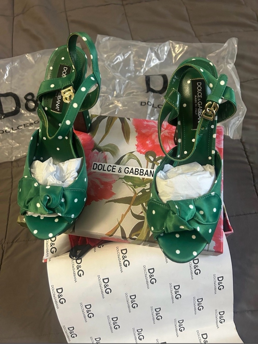 Dolce & Gabbana Green Polka Dot Bow Slingback Sandals